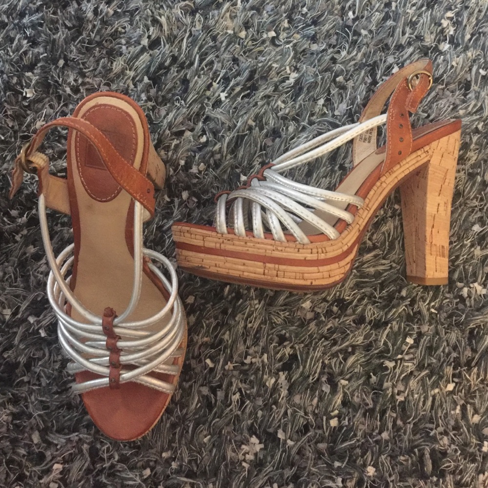 Frye Lena Cork and Leather Heel Sandals 7.5